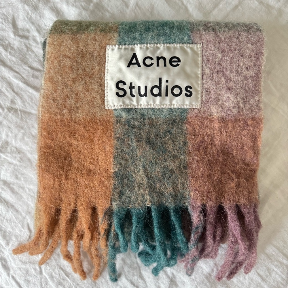 Acne Studios Multi check scarf teal blue/lilac